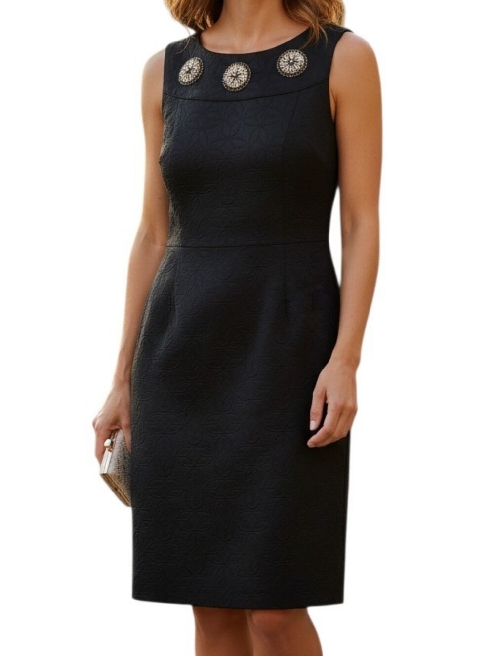 Kay Unger Black Shimmer Dress Gold Embellished Cocktail Formal Sheath Size 8